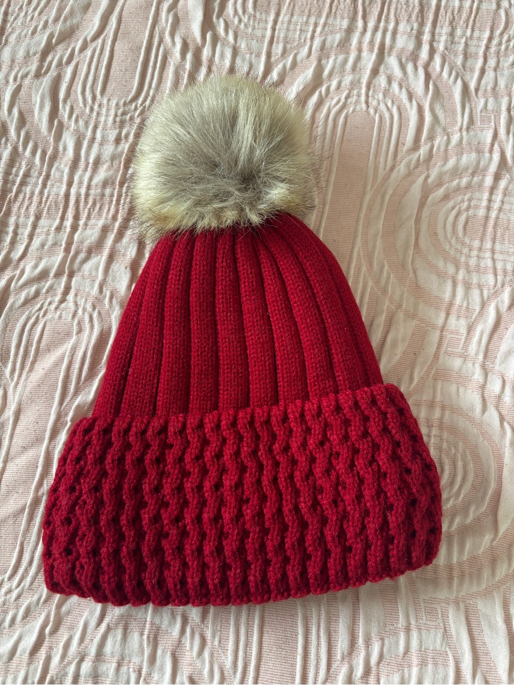 Red Knit Pom Pom Beanie